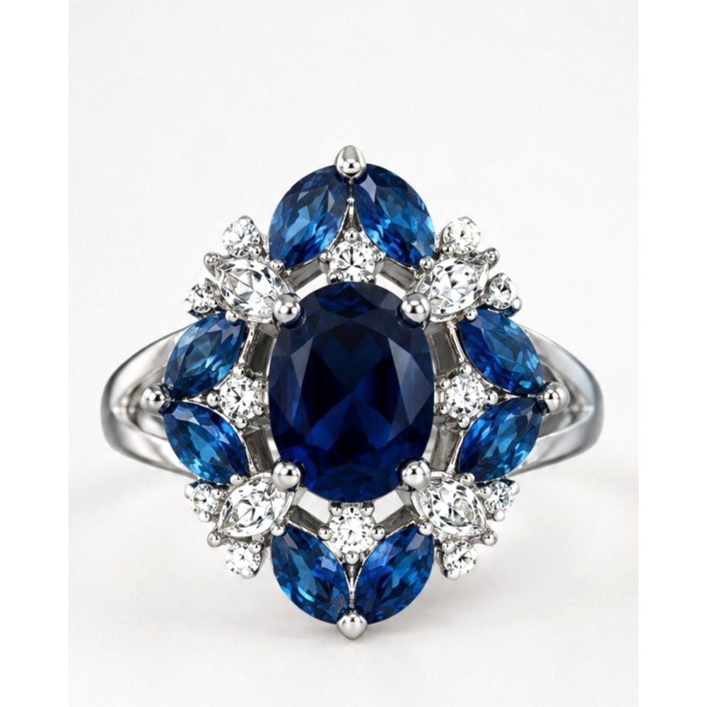 Vintage Blue Ring Cocktail Sterling Silver 925 Glass Rhinestone Flower Size 9